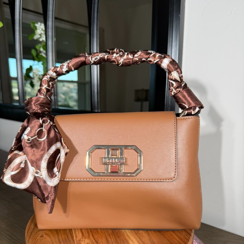Nicole Miller New York Tan Top Handle Satchel Gold Hardware Scarf Handle NWT